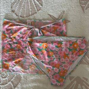 Pink lily Floral Bikini bottoms with Sarong - Pink, Orange, Green